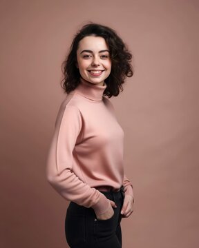 Full body studio portrait of a fictional white brunette girl smiling candidly. Isolated on a pastel pink background. Generative AI illustration.