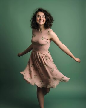 Full body studio portrait of a fictional white brunette girl in a pink flowered sundress, dancing and smiling. Isolated on a green pastel background. Generative AI illustration.