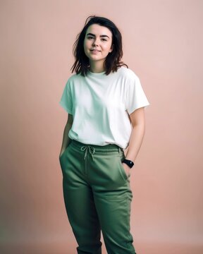 Full body studio portrait of a fictional white brunette woman wearing green jogging pants and a large white t-shirt, Isolated on a pink pastel background. Generative AI illustration.