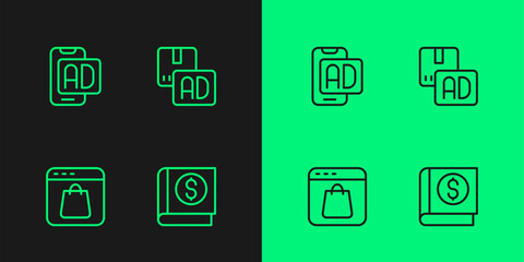 Set line Financial book, Online shopping on screen, Advertising and icon. Vector