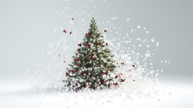 Christmas Day, White Snow And Winter Birds Flying On Christmas Tree, Happy New Year. Generative Ai