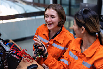 Girl engineer in robot industry fabrication research room simulate testing robot arm on operation