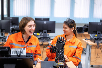 Girl engineer in robot industry fabrication research room simulate testing robot arm on operation