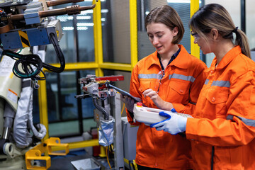 Girl engineer commissioning operating programming and looking at robot machine in the factory