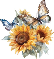 sunflower and butterflies watercolor illustration - obrazy, fototapety, plakaty