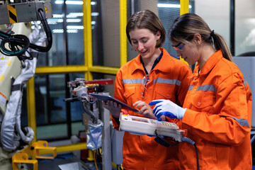 Girl engineer commissioning operating programming and looking at robot machine in the factory