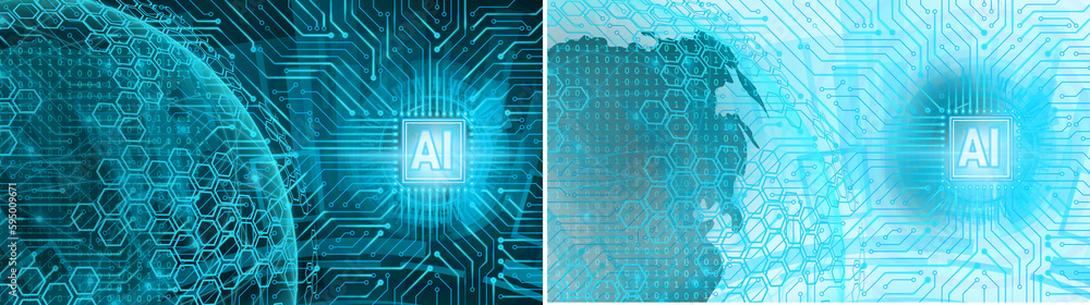 Aufkleber artificial intelligence (ai), machine learning and big data concept. chip ai cpu processor with blue