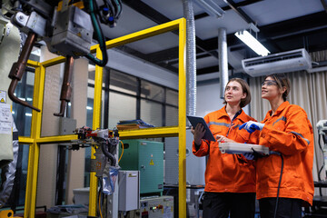 Girl engineer commissioning operating programming and looking at robot machine in the factory