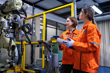Girl engineer commissioning operating programming and looking at robot machine in the factory - obrazy, fototapety, plakaty