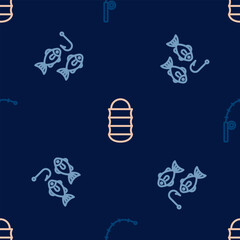 Set line Fishing rod, hook with fish and net on seamless pattern. Vector
