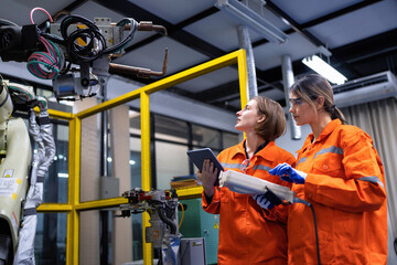 Girl engineer commissioning operating programming and looking at robot machine in the factory