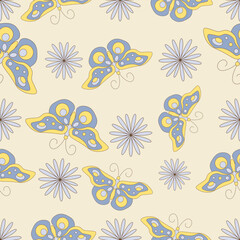 Obraz premium Vector seamless pattern in retro groovy style. Butterflies and flowers in light soft colors perfect for scrapbooking, textile, wrapping paper and stationery for kids and adults