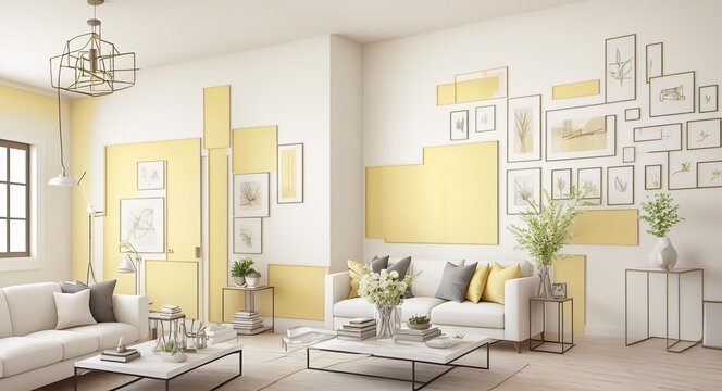 Photo of a sunny yellow and white living room with modern furniture