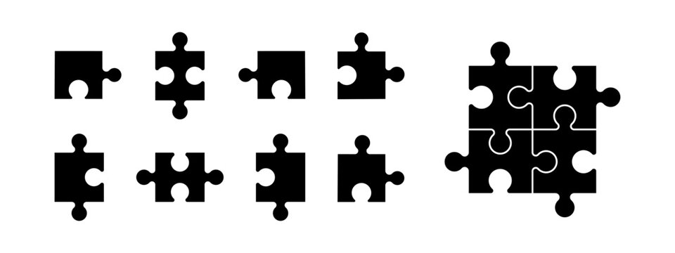 Simple pieces of puzzle. Vector outline icon of puzzle. Black jigsaw image.