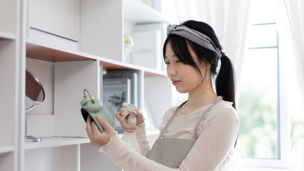 Young housewife holding a spray bottle to clean things in the living room, Big cleaning, Housework, Daily routine ,Removes germs and dirt and deep stains, Spray alcohol, Clean up.