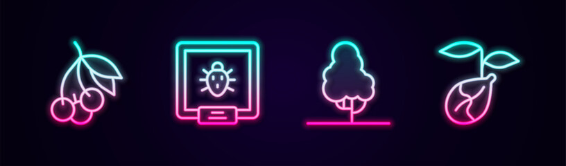 Set line Fresh berries, Colorado beetle, Fruit tree and Sprout. Glowing neon icon. Vector