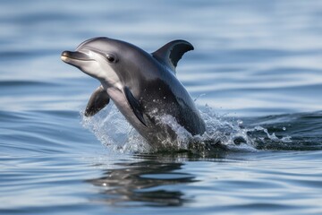 baby dolphin leaping out of the water with its tail in the air, created with generative ai