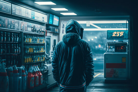 The Enigmatic Figure: A Mysterious Image of a Person in a Hoodie at a Gas Station, ai generative