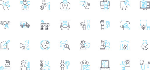 Medical facility linear icons set. Hospital, Clinic, Emergency, ICU, Surgery, Pharmacy, Radiology line vector and concept signs. Pediatrics,Diagnostic,Rehabilitation outline illustrations