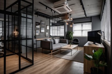 Plakat a sleek and modern office, filled with industrial furniture and clean lines, created with generative ai