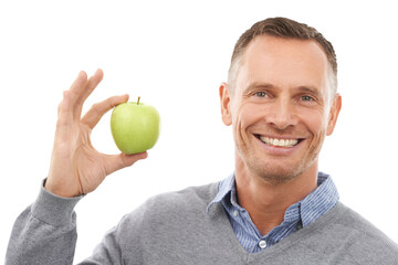 Smile, healthy or portrait of happy man with an apple or food isolated on transparent png...