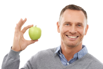 Smile, healthy or portrait of happy man with an apple or food isolated on transparent png background. Nutrition vitamins, fiber or mature person smiling with fruit to lose weight, diet or wellness