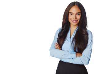 Portrait, smile and business woman with arms crossed isolated on a transparent png background. Professional, happiness and confident female person or entrepreneur from Brazil with pride for career.
