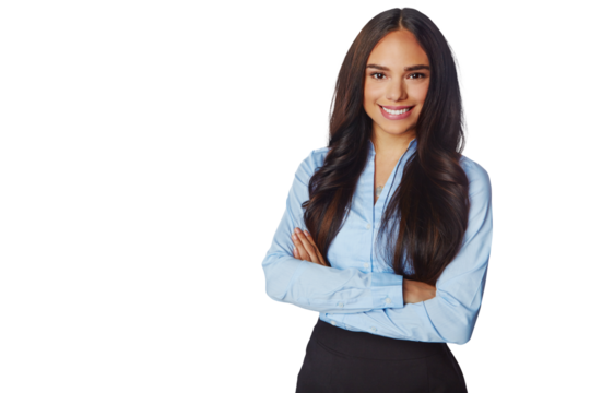 Portrait, smile and business woman with arms crossed isolated on a transparent png background. Professional, happiness and confident female person or entrepreneur from Brazil with pride for career.