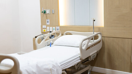 Modern Adjustable Patient Bed in Hospital, Patient admission room background image, Clean and germ-free recovery room, Service point in a modern hospital, Nursing room,  Hospital or clinic.