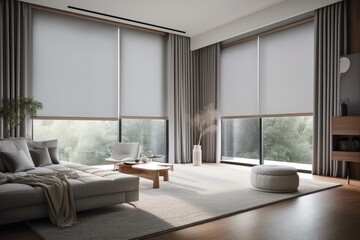 large window with automated blinds and curtains, providing privacy for the room, created with generative ai - 595011657