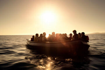 migrants on crowded boat in mediterranean sea. illustration generative ai - obrazy, fototapety, plakaty
