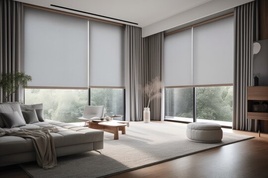 large window with automated blinds and curtains, providing privacy for the room, created with generative ai