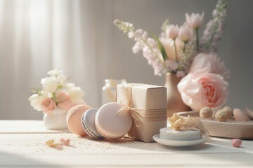 Happy Mother's Day gift concept with flowers, gift box, card, and macarons on white wooden background, Generative AI	

