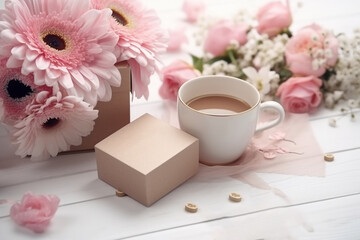 Happy Mother's Day flat lay with gift box, flowers, card, and coffee cup on white wooden background, Generative AI	