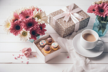 Happy Mother's Day flat lay with gift box, flowers, card, and coffee cup on white wooden background, Generative AI	