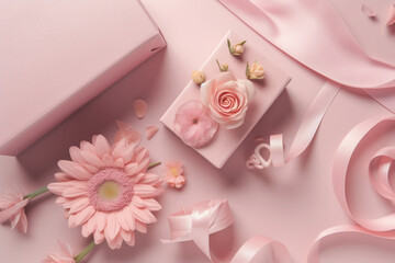 Mother's Day flat lay with gift box, flowers, card, and pink ribbon on pastel pink background, Generative AI	
