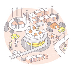 Festive Celebrations with Cake and Lively Cityscape.