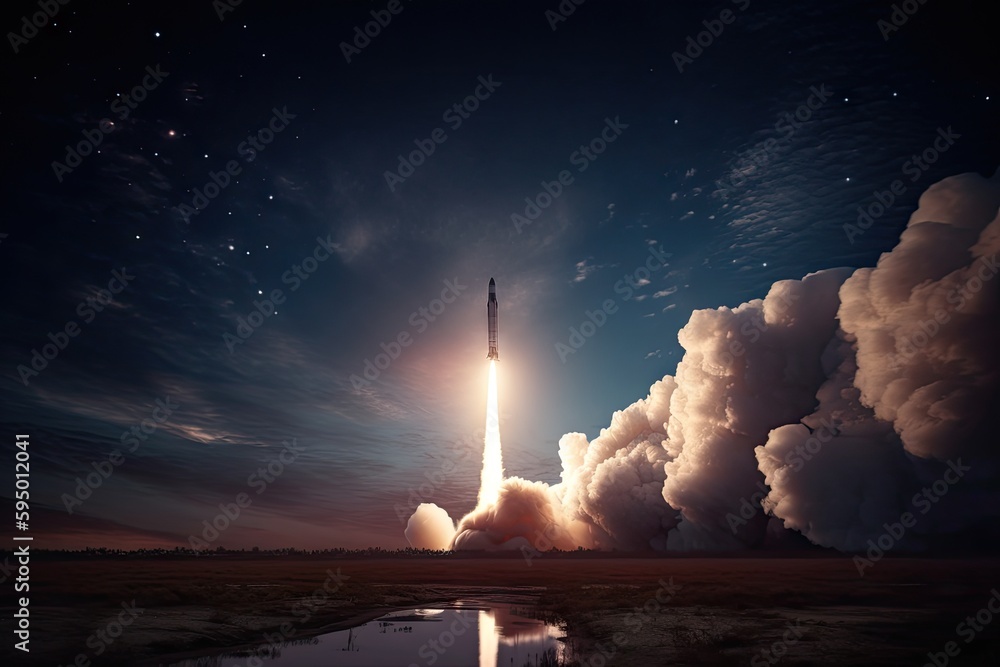 Poster rocket launch, with view of earth and the stars in the background, created with generative ai