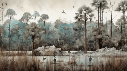 Sall Collection · Weathered Landscape · Wallpaper · Mural · Mystical Land ·  Serene Nature Illustration