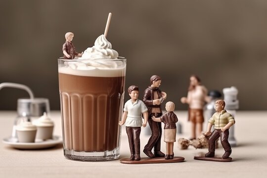 MinMiniature concept. Chocolat milkshake, smoothie. Tiny figures playing.