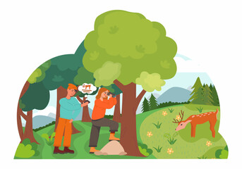 Obraz na płótnie Canvas Eco tourism, traveling, camping concept. Eco friendly vector illustration for landing page, banner, flyer.Colorful forest landscape. Man and woman watching a deer
