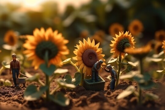 Miniature concept. Mans working in a sunflower field.