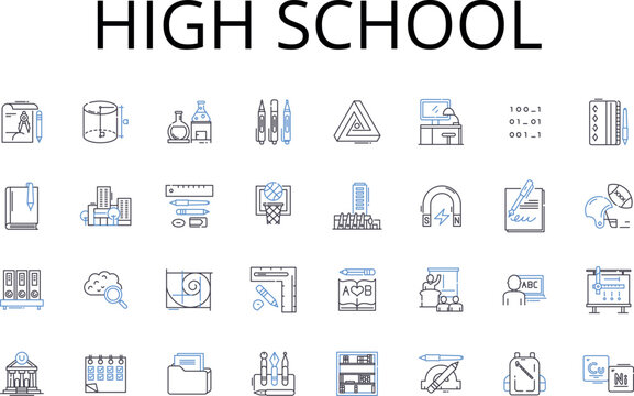 High school line icons collection. Middle school, Elementary school, Primary school, Higher education, Graduate school, Secondary education, Vocational school vector and linear illustration. College