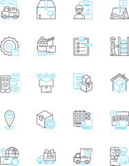 Logistic company linear icons set. Shipping, Transport, Distribution, Warehousing, Freight, Logistics, Supply chain line vector and concept signs. Inventory,Delivery,Export outline illustrations