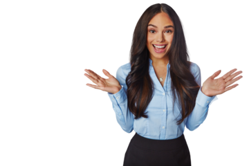 Excited, business and portrait of woman with a smile, corporate news or announcement. Happiness, confidence and professional female with hands for surprise isolated on a transparent, png background