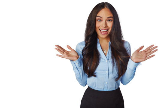 Excited, business and portrait of woman with a smile, corporate news or announcement. Happiness, confidence and professional female with hands for surprise isolated on a transparent, png background