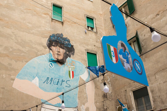 Murals of Diego Armando Maradona with the Napoli shirt. It is located in the Spanish quarters, in the historic center of the city. Naples, Italy - April, 2023