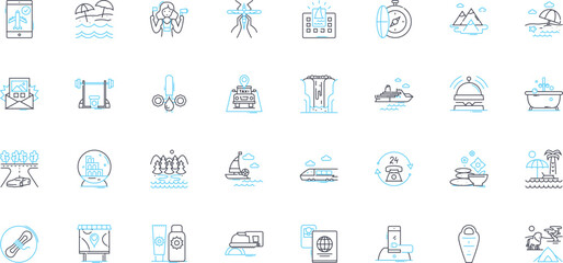 Work excursions linear icons set. Adventure, Team-building, Nerking, Fun, Bonding, Learning, Productivity line vector and concept signs. Relaxation,Nature,Culture outline illustrations
