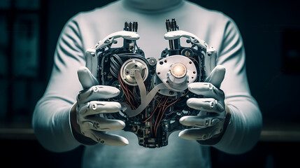 AI Generative robot hands holds robotic heart mechanical artificial intelligence biomechanics concept