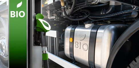 Biofuel filling station on a background of a truck tank 